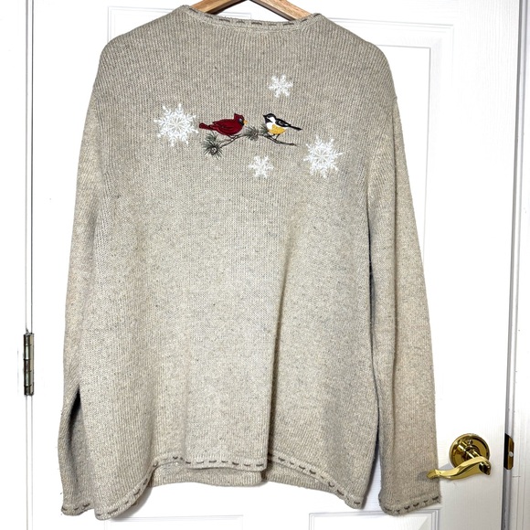 Croft & Barrow Beige Bird embroidery Silk Blended Cardigan Holiday Quirky - Picture 3 of 8